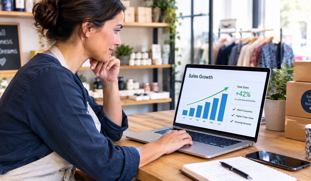 Small business owner reviewing sales growth figures on a laptop in a shop