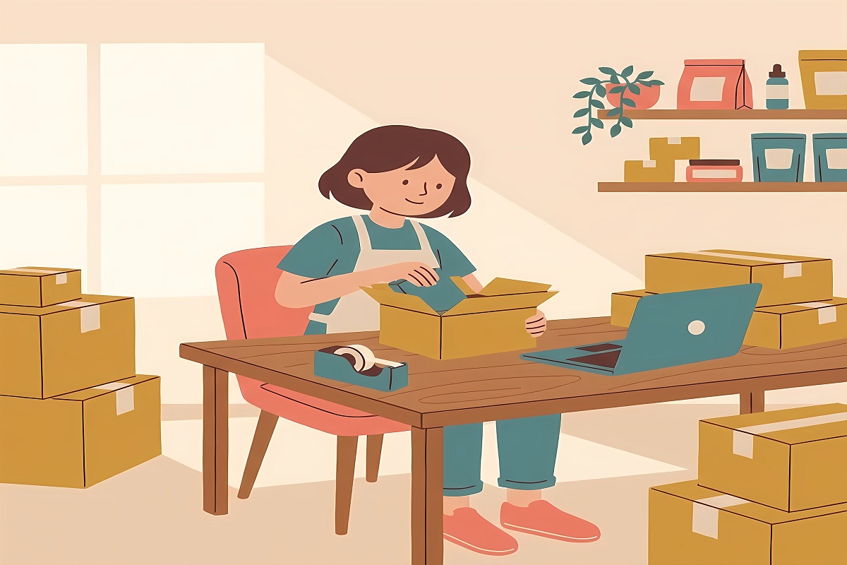Person packing online orders at home, deciding whether their side hustle is a business.